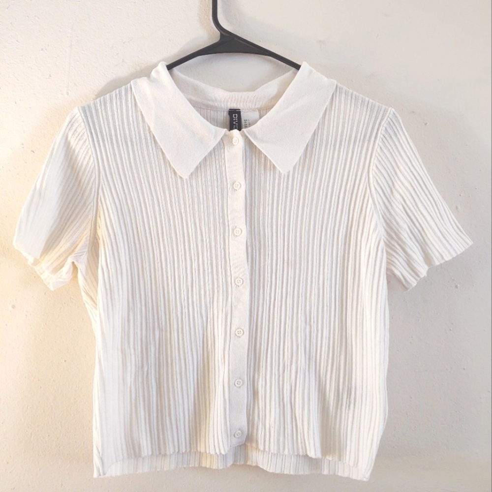 H&M White Collared Ribbed Top Size Large